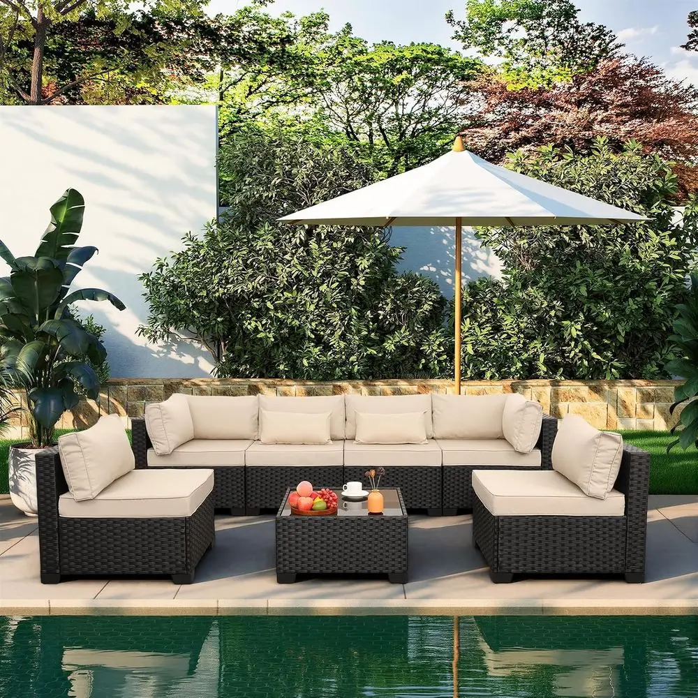 

7 Pieces Outdoor Wicker urniture Contion Set Patio Sectional Soa Set Glass Table with Non-Slip Cushions urniture Cover, Khaki