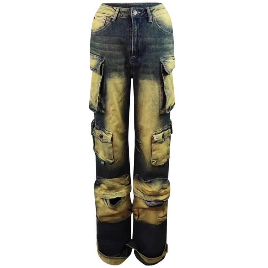

Denim Jeans Women Pants Dip Dye Pocket Zipper Fly Full Length Empire Waist Cargo Pants Straight Slight Strech Casual 2025 Summer