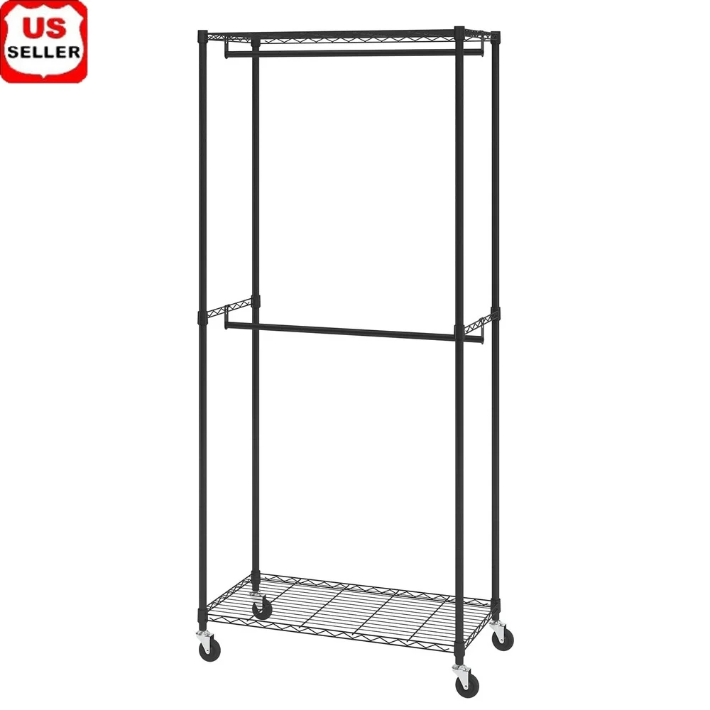 

Sturdy Double Rod Garment Rack with Shelves Mobile Wardrobe on Wheels Heavy Duty Steel Construction Closet Organizing