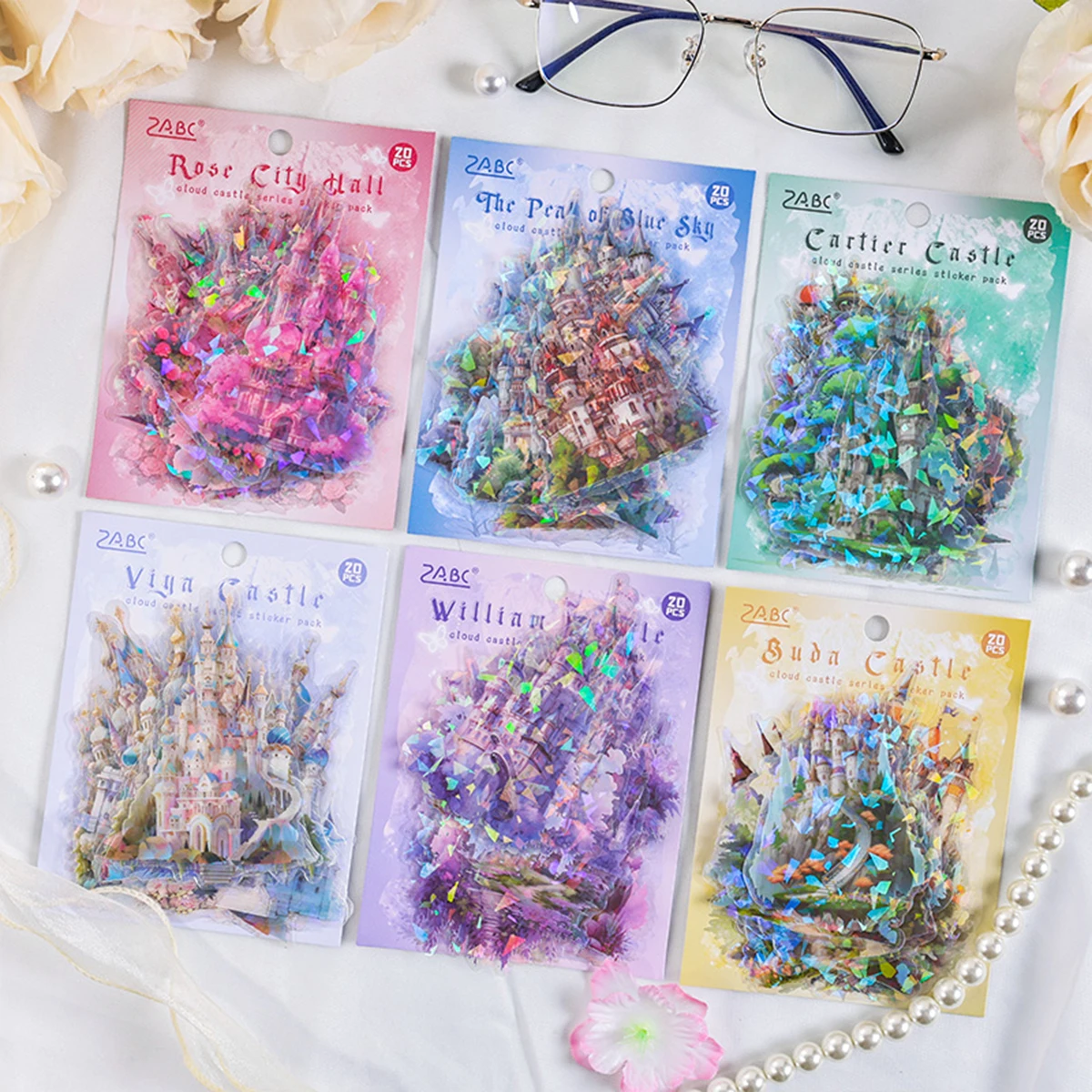 10pcs Cloud Castle Themed Transparent Stickers,PET Waterproof Glitter Castle Stickers,For Planner And Scrapbook Decoration
