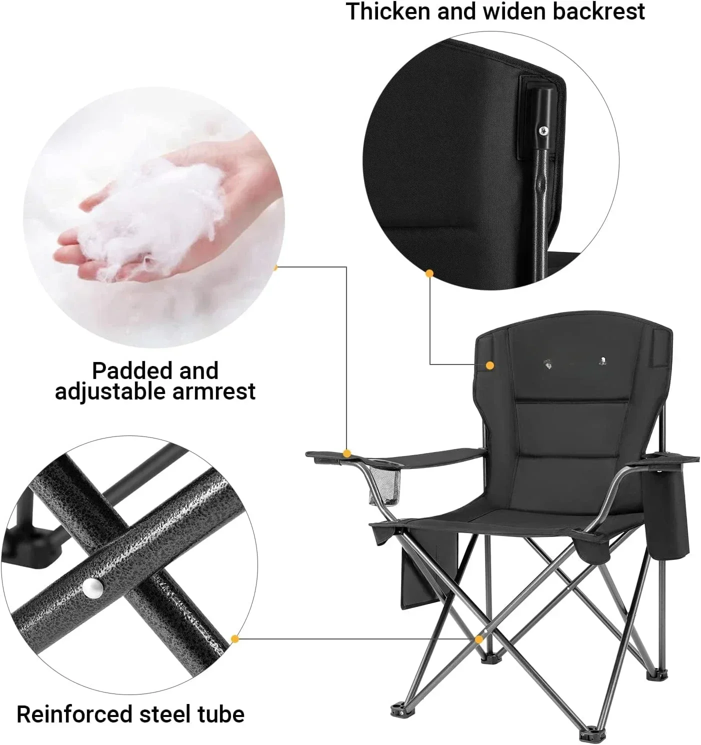 ForFor Outdoor Camping Chair Padded Folding Chair For Adult Supports 300 Lbs Black