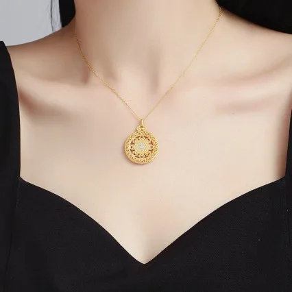 18k gold necklace AU750 necklace auspicious filigree compass necklace 14K pendant gift jewelry for girlfriend, wife and family