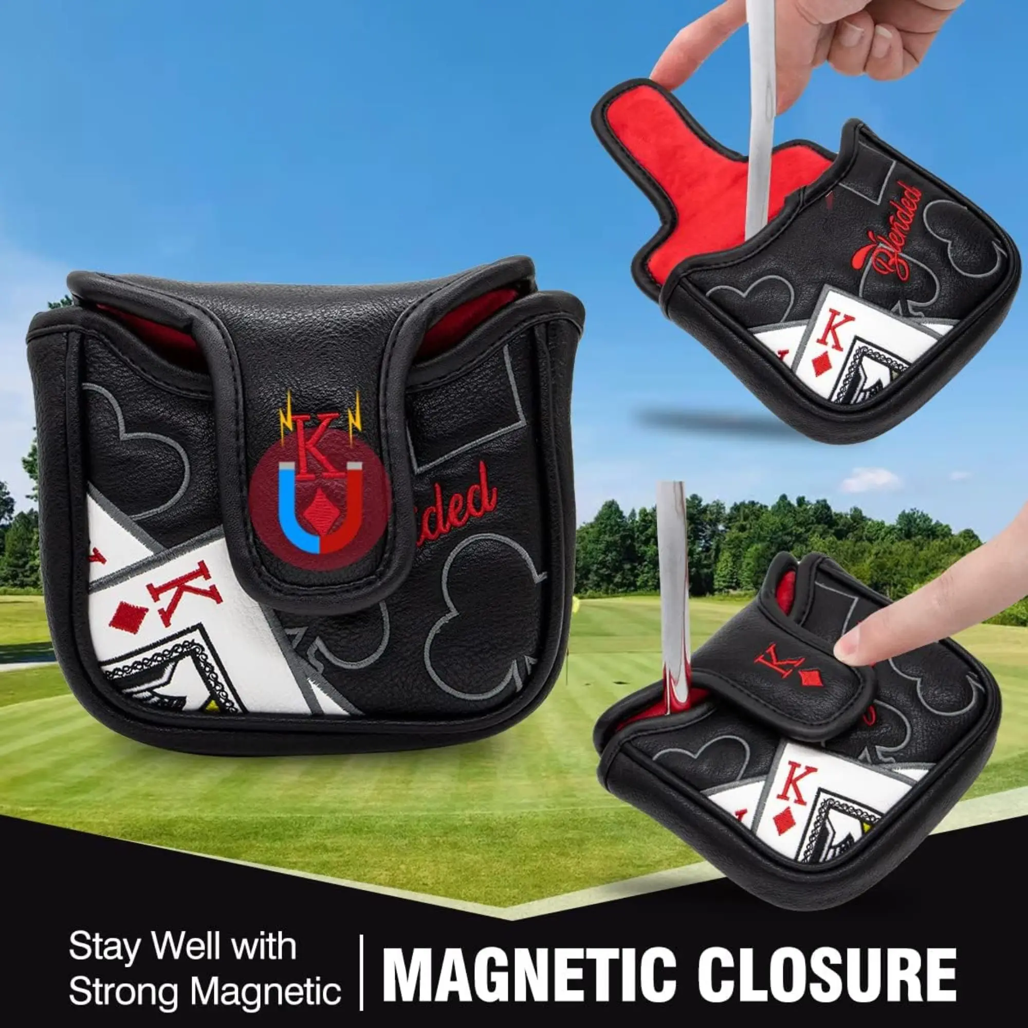 مضرب مطرقة مطرزة ملك القلوب مع إغلاق مغناطيسي لمعظم العلامات التجارية، إكسسوارات الجولف للرجال هدية عيد الميلاد للاعبي الغولف