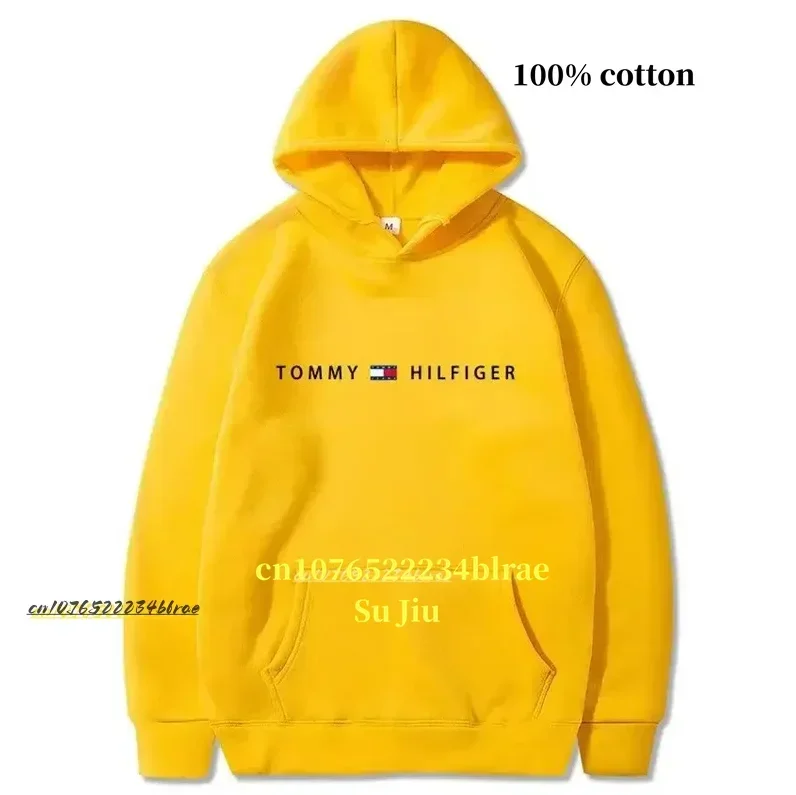 Men\'s Hooded Pullover Sweater Pure Cotton Letter Non-ironing Sweatshirt Casual Versatile Top Autumn and Winter New Tommy