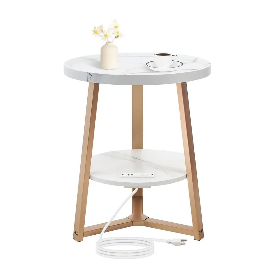 

End Table with Charging Station, 19.7 Dia x 23.63 H, Side Table with Storage Shelf, for Living Room, Bedroom, Faux Marble Top, G