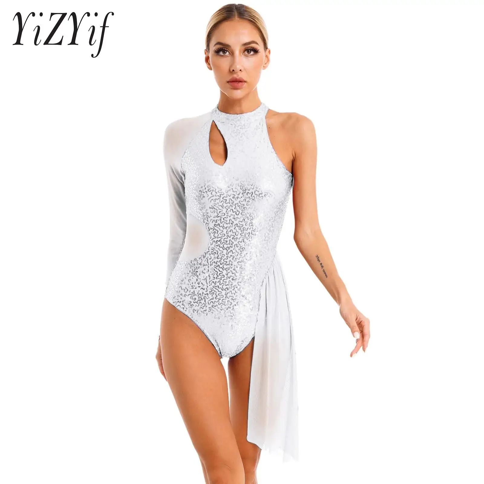 

Women Figure Skating Dance Dress Glitter Sequins Leotard One Shoulder Halter Sheer Mesh Long Sleeve Skirt for Stage Performance