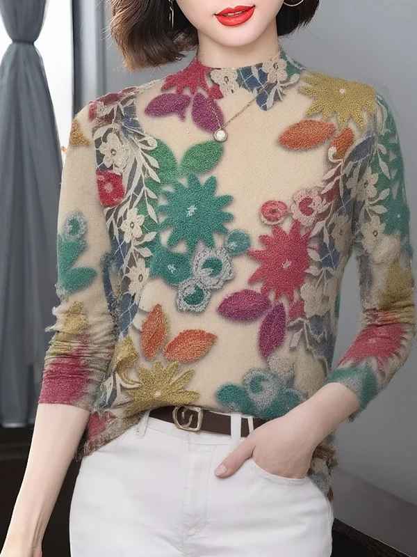 

Elegant Style Long Sleeve Fleece Lined Gradient Print Turtleneck Women's Top Fashionable Ageless Mommy Clothes Polyester Fiber