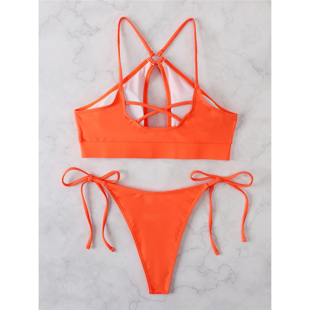 Ausgeschnittener Neckholder-Bikini, Damen-Badeanzug, zweiteiliges Bikini-Set, gepolstert, mit Trägern, Badebekleidung, Damen-Badeanzug, V3423 – Detail 35