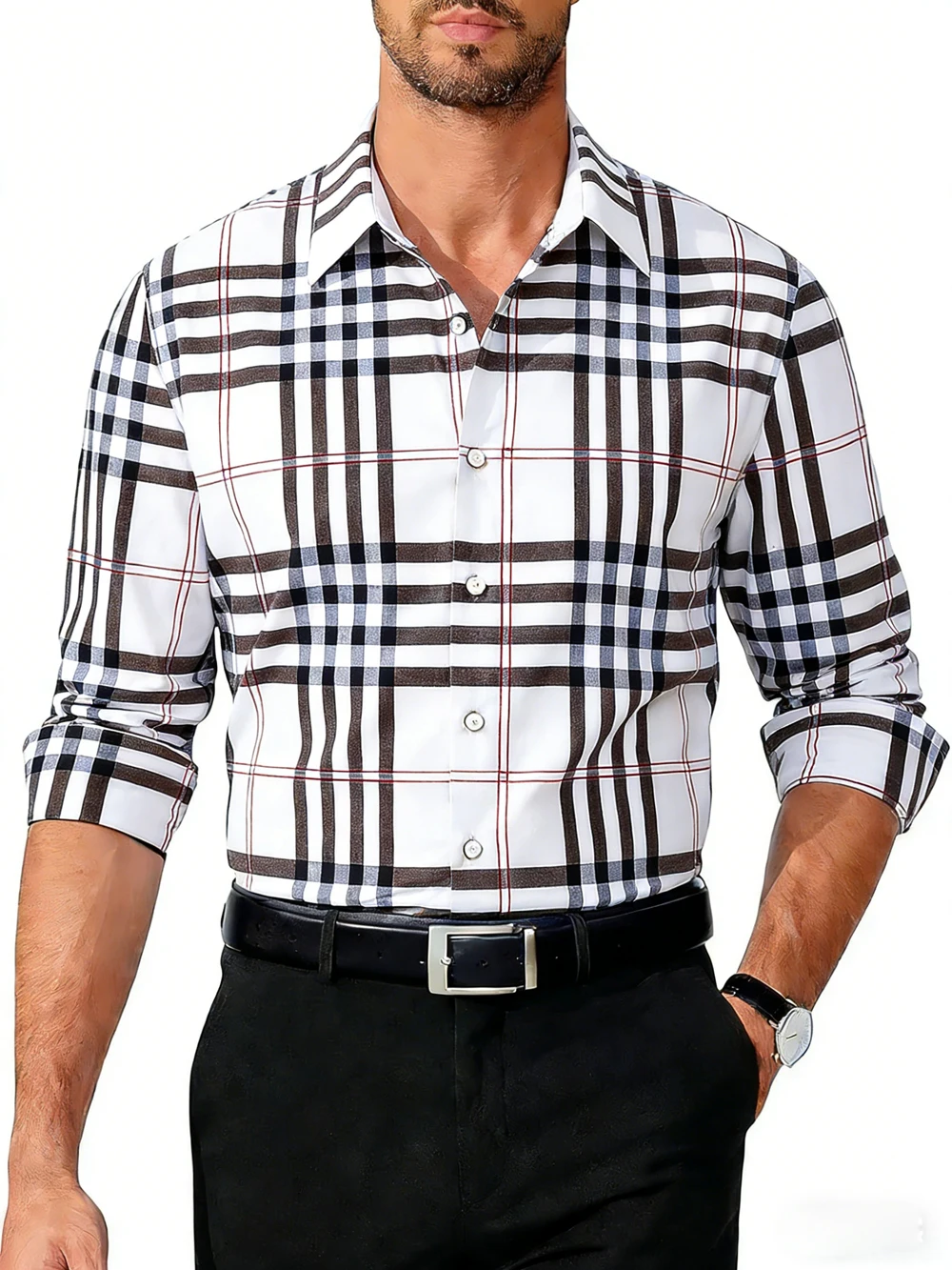 

Men's Fashion Business Long Sleeve Shirt Colorful Plaid Splice High Definition Printed Shirt Hawaiian Casual Social Clothing Men