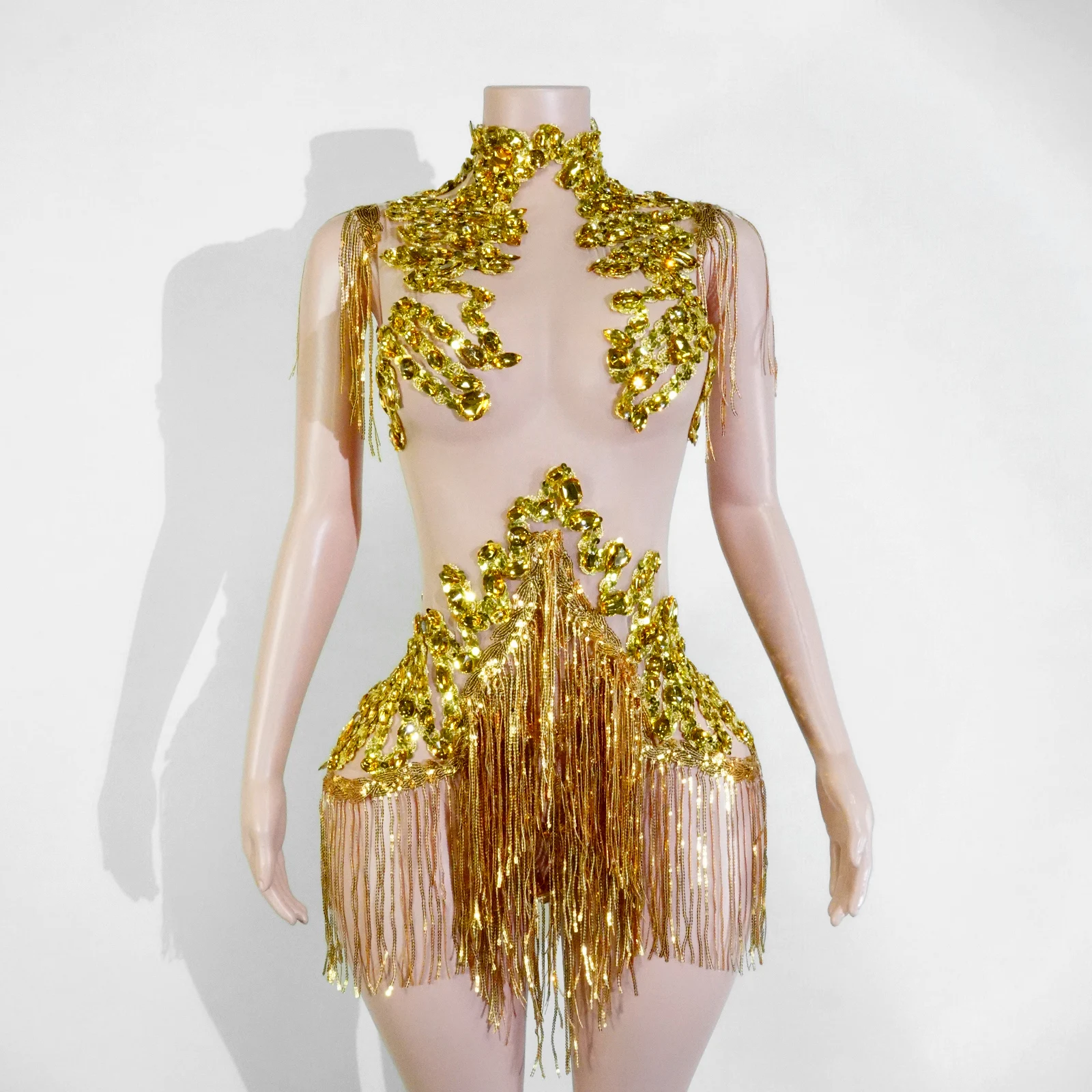 Funkelnder Body mit goldenen Strass-Pailletten und durchsichtigen Fransen, Showgirl-Party, Nachtclub, Tanz, Bühnenauftritt, Drag-Queen-Outfit