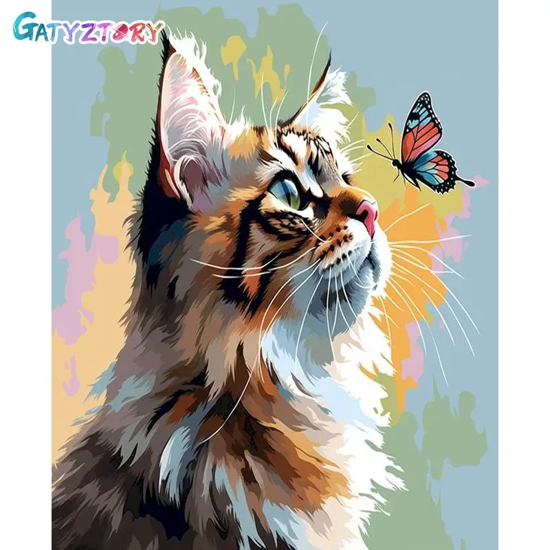 

GATYZTORY Picture By Numbers Butterfly And Cat 60x75cm Diy Paint By Numbers With Frame Modern Coloring Painting For Home Artwork