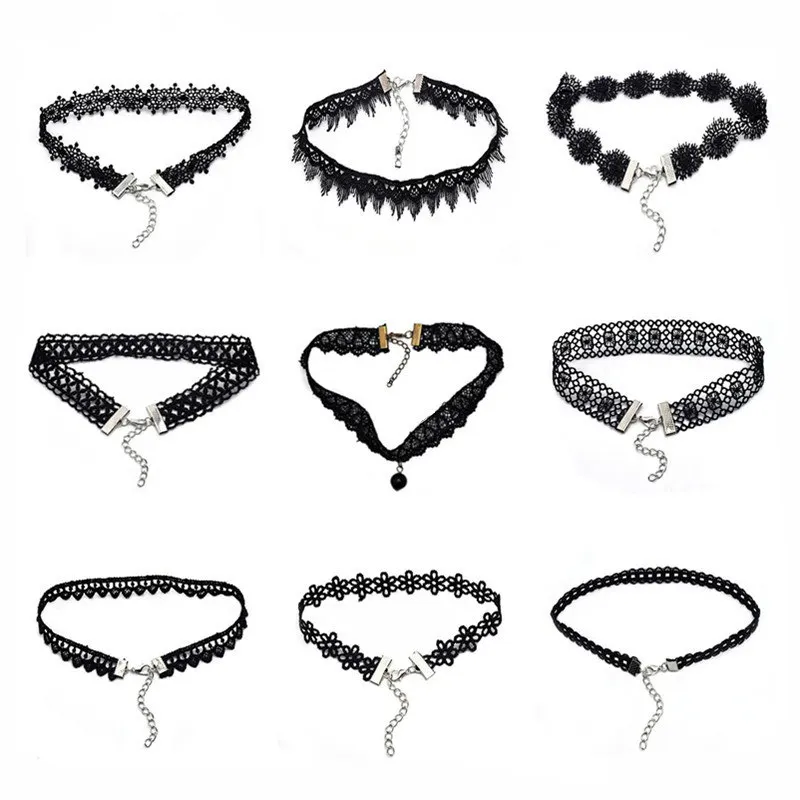 Hot New Gothic Tattoo Leather Choker Necklaces For Women Hollow Out Black Lace Necklace Party Jewelry Collier Chain Bijoux Gifts