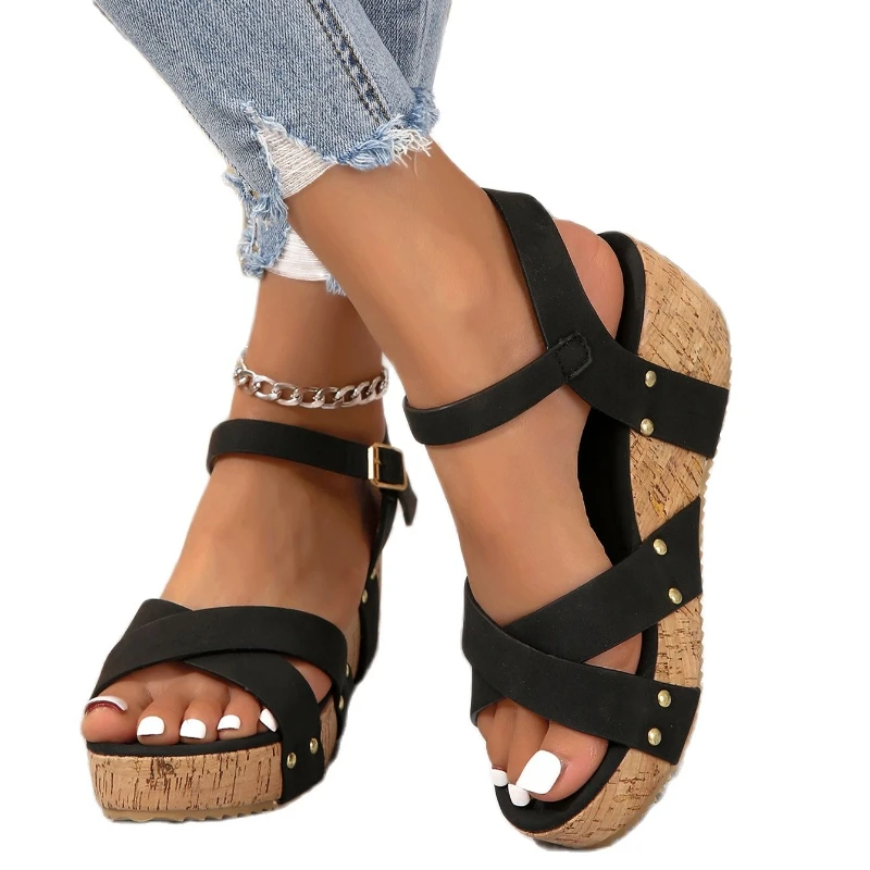 Platform Sandalen met sleehak Mode Romeinse gesp Peep Toe Hakken Damesschoenen 2024 Zomertrend Zwart Vrije tijd Lichtgewicht rubberen zool