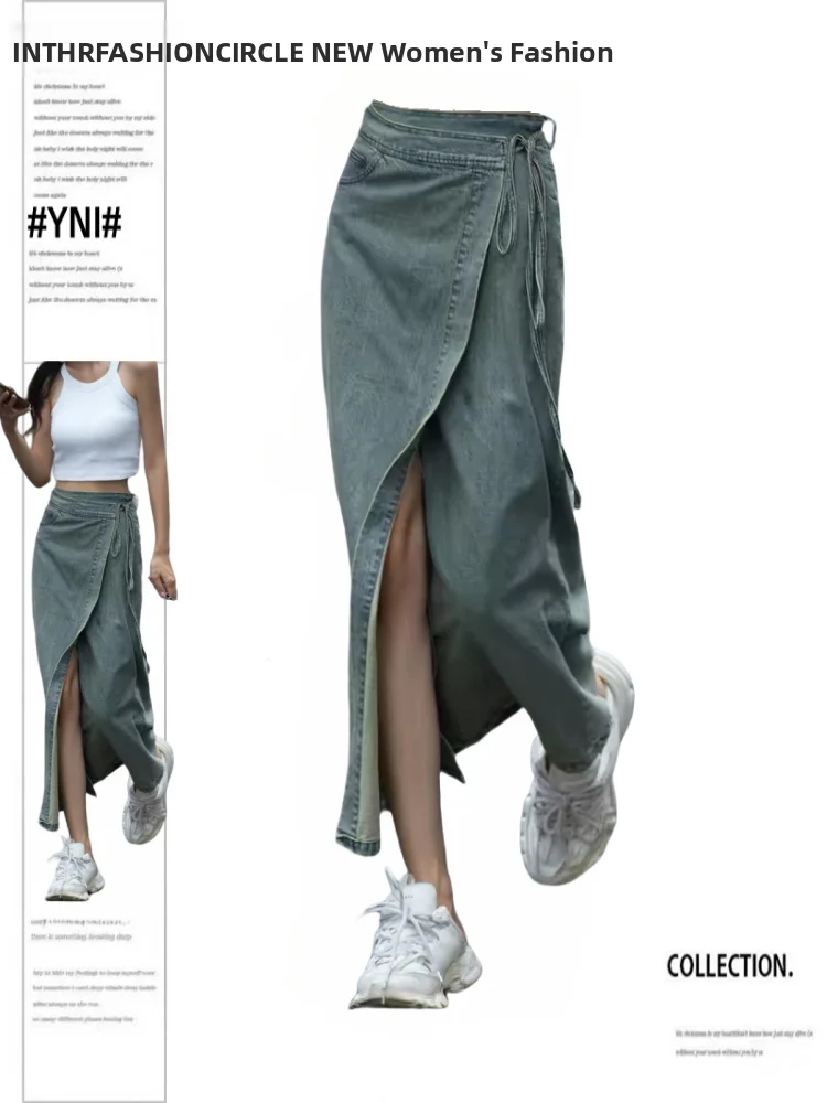 ارتفاع الخصر مثير Waed الدنيم تنورة غير متناظرة الجوف خارج تصميم المرأة الصيف Faion زائد حجم التخسيس العصرية تنورة