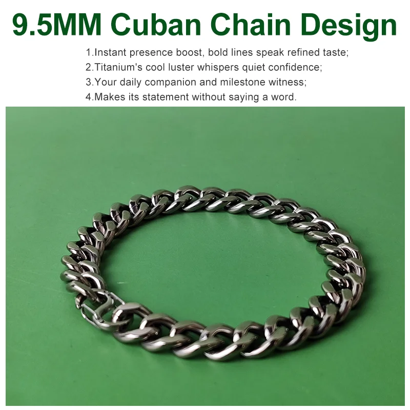 9.5mm Solid Titanium Cuban Chain Bracelet for Men Women | Hypoallergenic & Waterproof | Custom Sizing 16-22cm