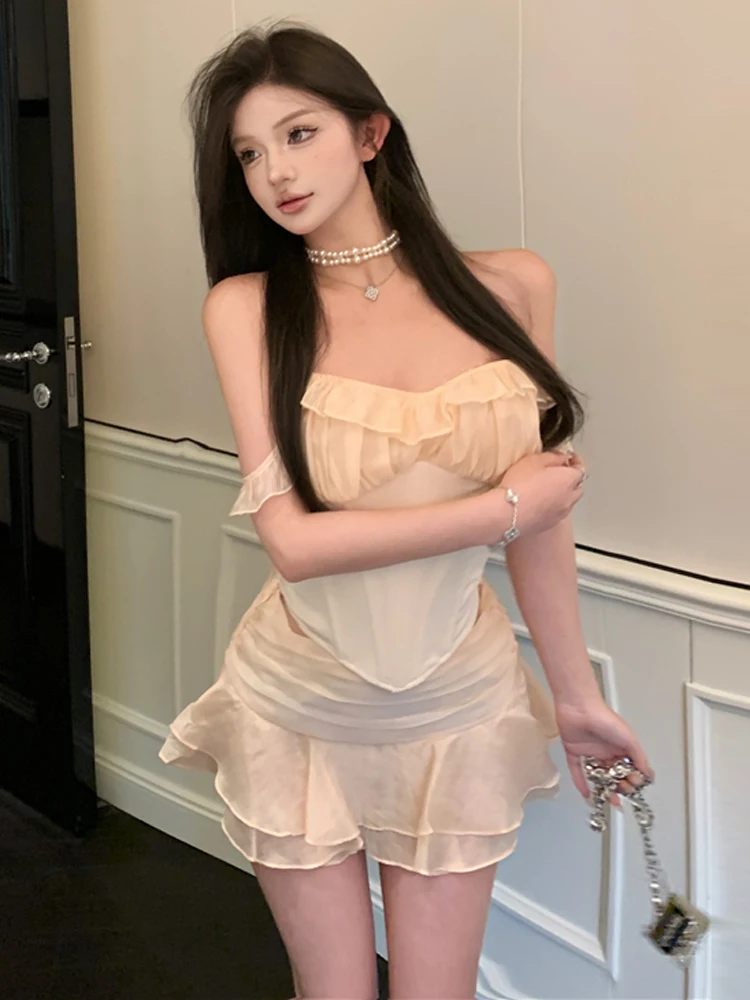 

Trendy Sweet Girl Fishbone Slim Fit Tube Top And Short Skirt Set Breathable Short Style Seamless Splice Low Waist Casual Wear