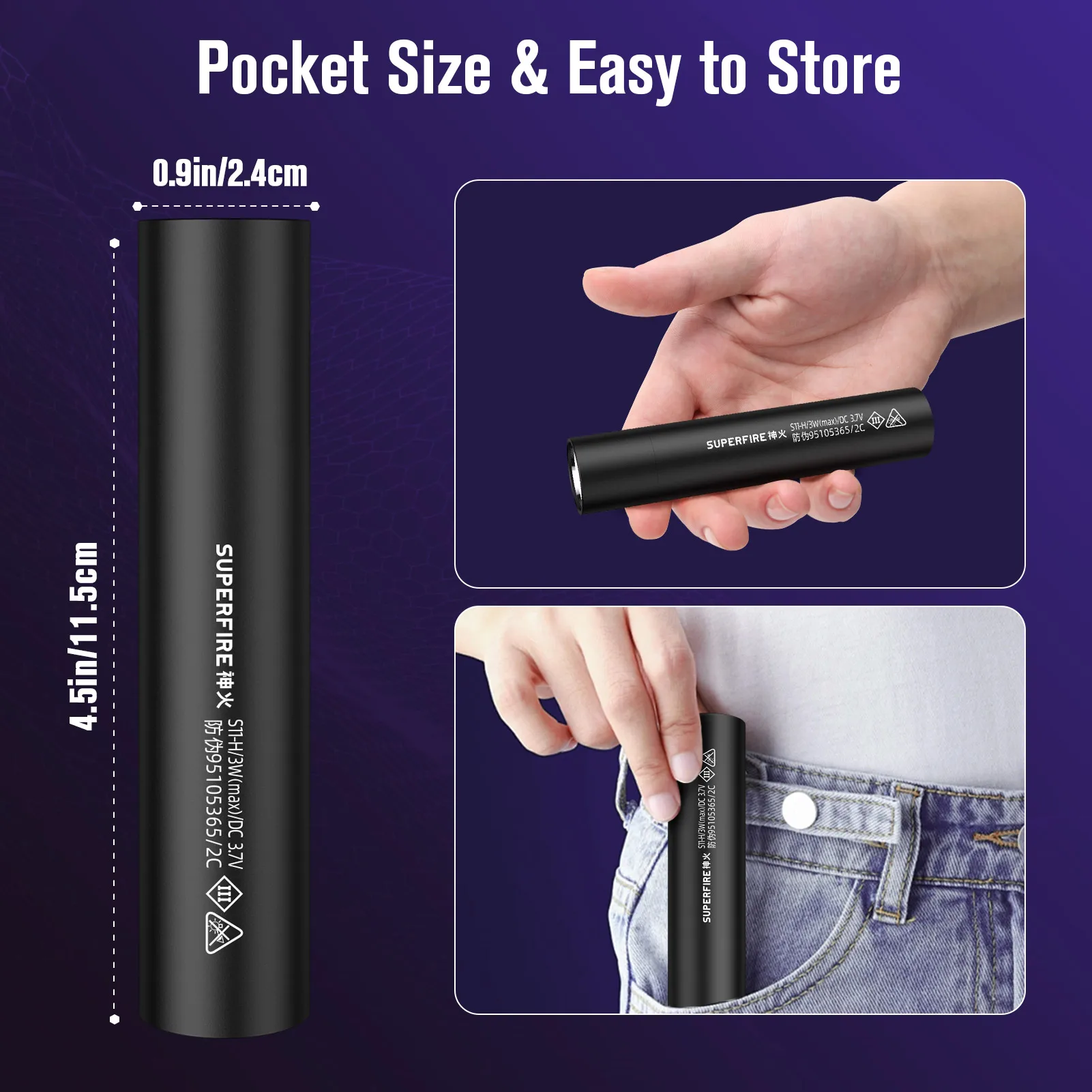 SUPERFIRE S11-H UV Flashlight 365/395nm Portable Mini Ultraviolet Torch Violet Light Pet Urine Scorpion UV Lamp Detector Tools