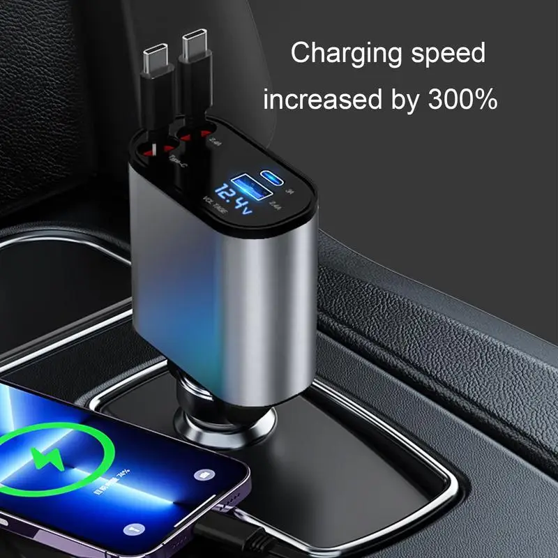 Car Charger 100w 4 IN 1 Fast Charging Car Phone Charger With Retractable Cable USB Type C Port Car Cigarette Lighter Adapter