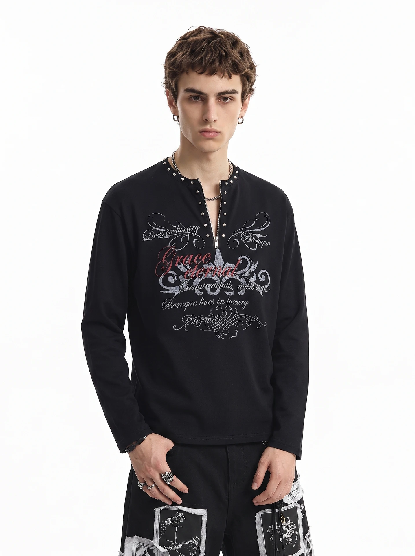 BETEBULE American High Street Printed Rivet Half Zip Long Sleeve Men's Vintage Subculture Short Wide Top T-shirt