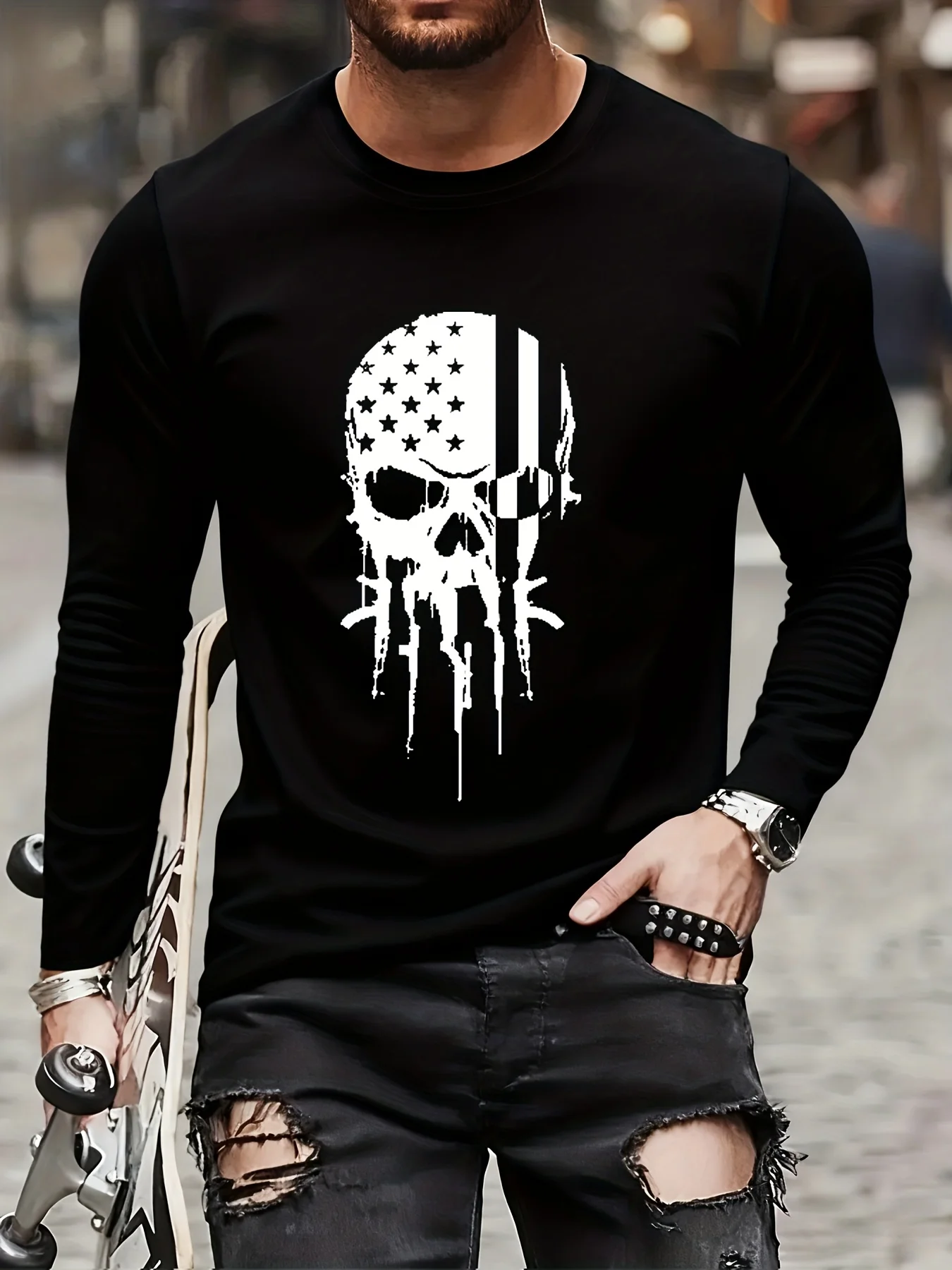 

​​2025 Men's Geometric Skull Flag Tee Stretchy Polyester Crew Neck Fall Halloween Gothic Comfort​