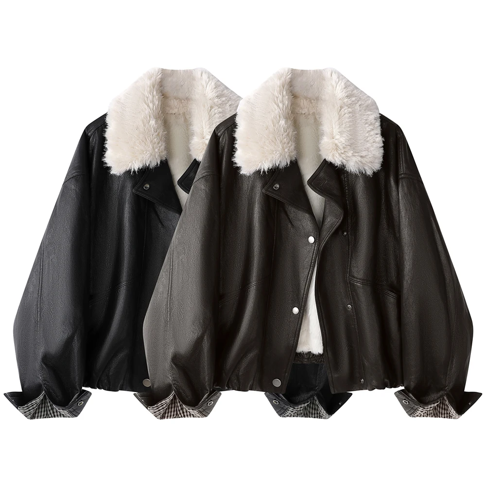 Giacca da donna foderata in pelliccia sintetica da donna Cappotto invernale oversize in PU Caldo colletto in peluche spesso Capispalla Streetwear Stile Moto
