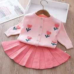 Children's Clothing Sets Love Flower Knit Sweater +Pleated Skirt Set Kids Clothes for Girls Knitted Sets Infant Designer Clothes