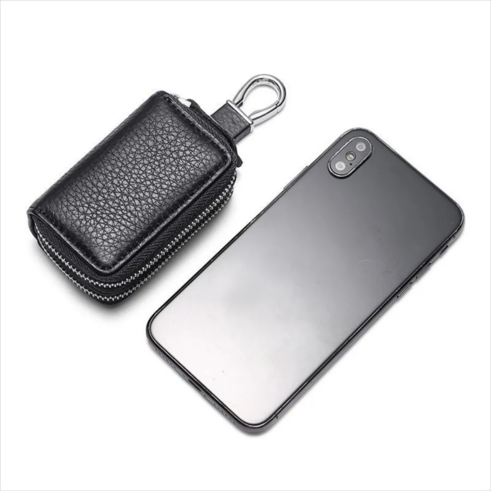 New Leather Car Key Case Multifunctional Double Pocket Key Pouch Bag Solid Color Zipper Closure Car Keychain Bag Car Use