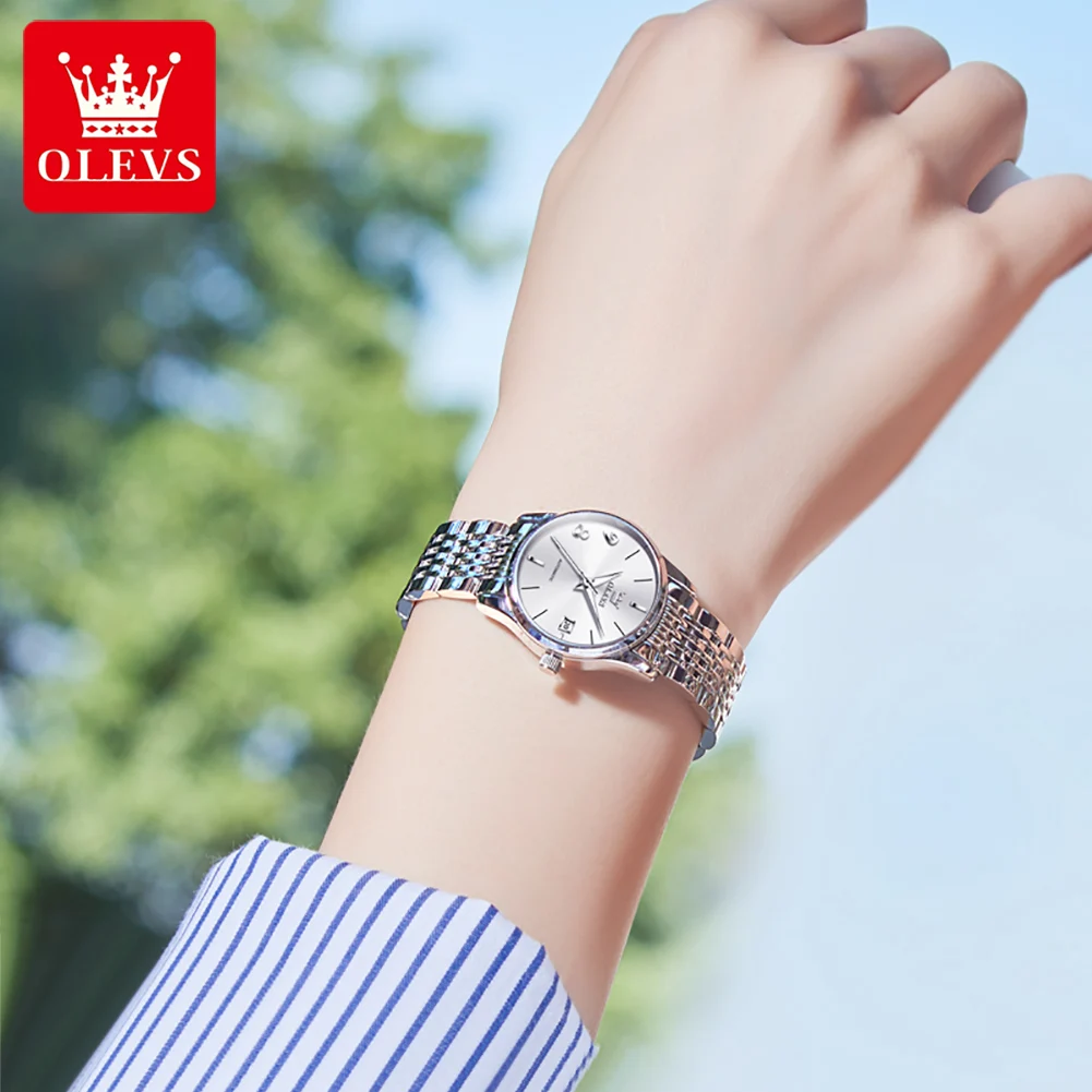 OLEVS брендовые светящиеся водонепроницаемые полностью автоматические механические часы со стальной полосой, женские часы с двойным календарем 6632