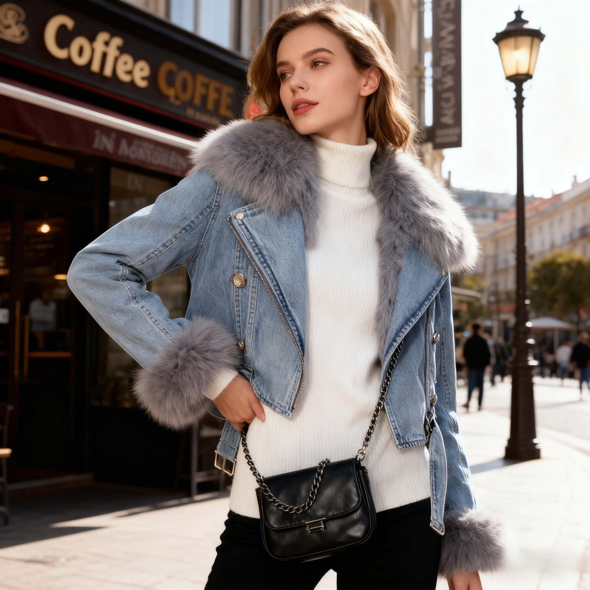 여성용 펑크 재킷 데님 숏 두꺼운 가을 겨울 Y2K 탑 캐주얼 고딕 바이커 인조 여우털 지퍼 두꺼운 코트 따뜻한 아우터웨어