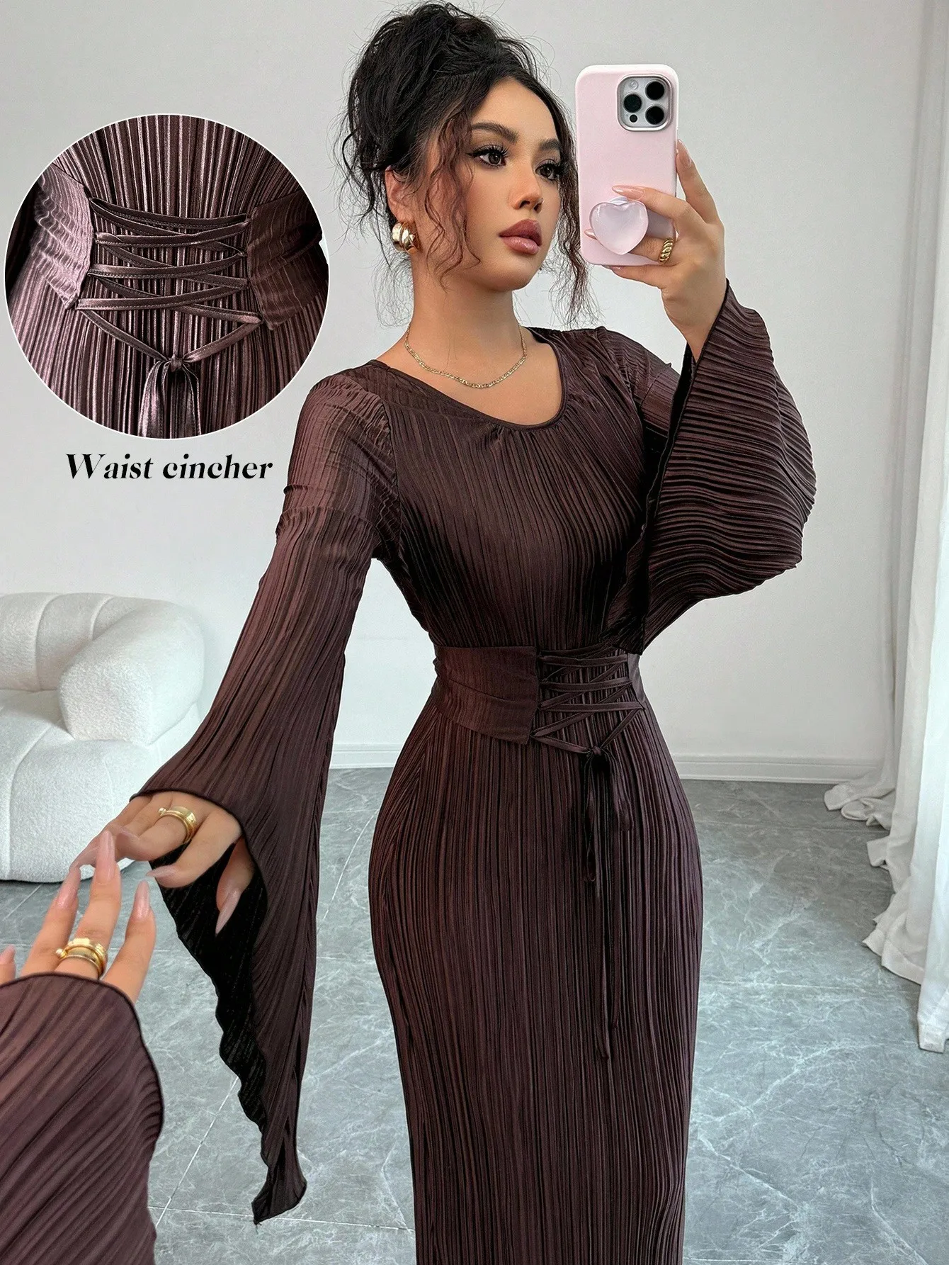 

Brown Pleated Long Sleeve Maxi Dress with Lace-Up Waist Cincher