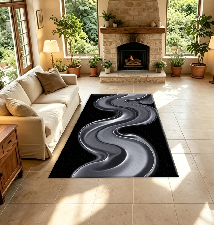 Metallic Silver Liquid Wave Carpet Floor Tiles Abstract Swirl Fluid Art Pattern Floor Carpet Suitable for Modern Home Room Decoration