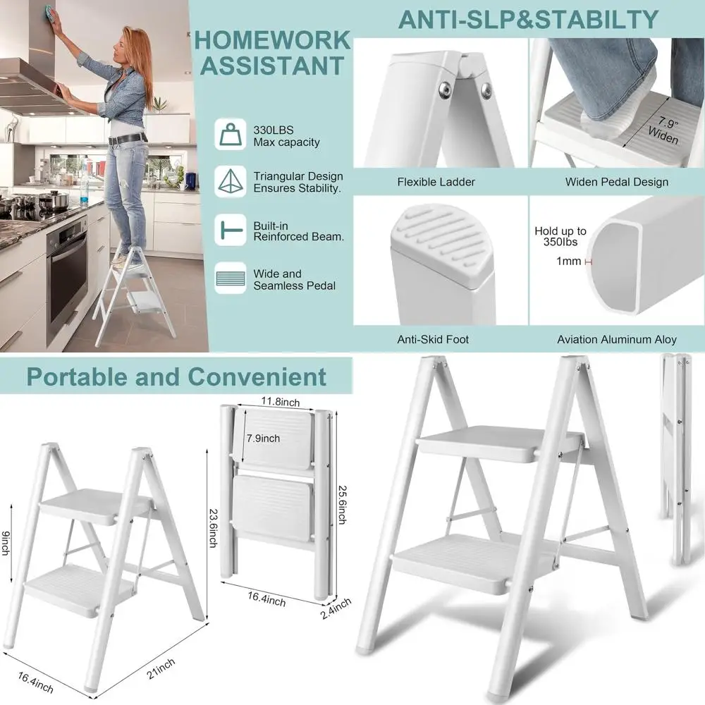 

Upgraded 2 Step Ladder, 330 lbs olding Step Stool with Wide Anti-Slip Pedals, Lightweight & Portable Ladder or Kitchen, Closet,
