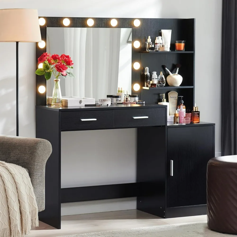 Vanity desk.46.7IN Vanity Desk with Mirror and Light,Dressing Table with 2 Large Drawer&Large Vertical Organizer,3 Level Dresser