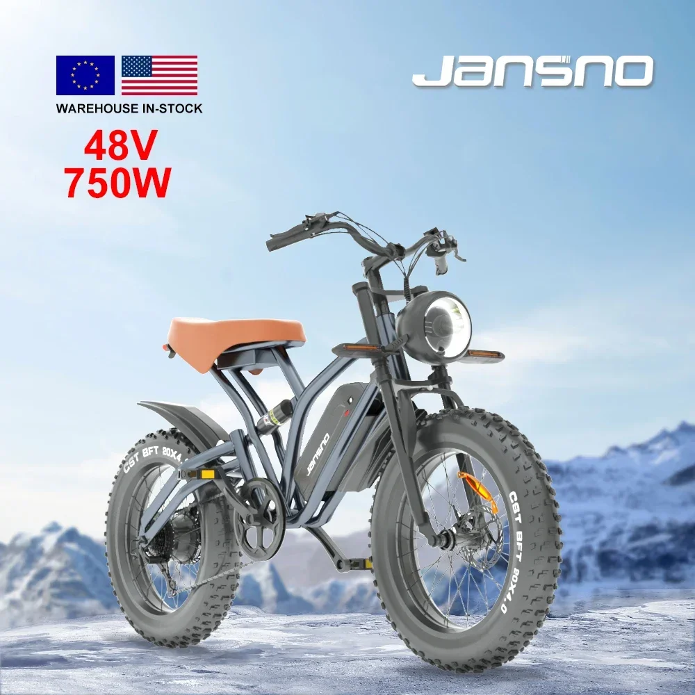 NEW Jansno X50 Wide Fat Tire 20 Inch Mountain Ebike Variable Speed Travel 750w Retro Off Road Electric Bicycle 48v 14ah Battery