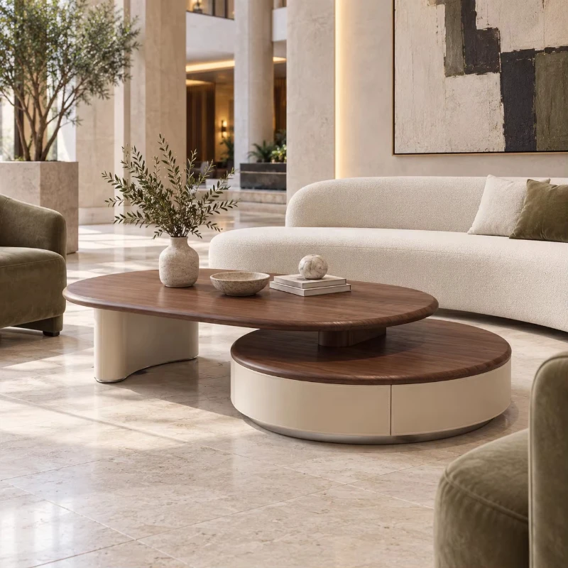 WYRAX Lobby Two-piece Nested Coffee Table Set with Oval Wood Grain Table, Double Layout and Round Drum Base