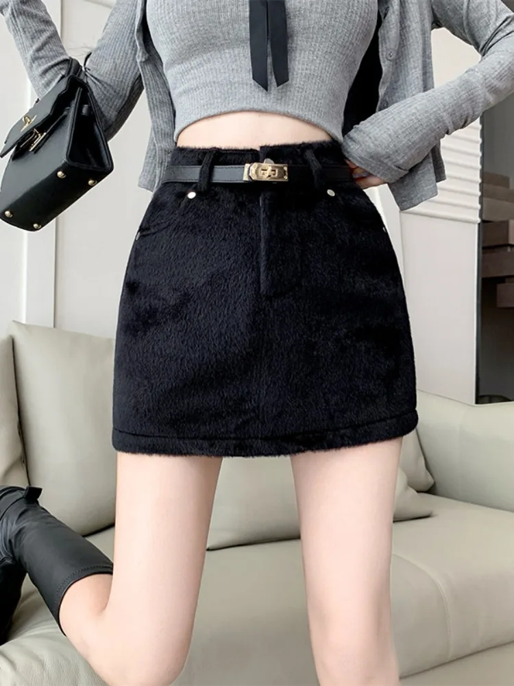 Maillard Wear Faux Mink Fur Skirt Women's Autumn and Winter A Word Hip Skirt Small High Waist Slimming Short dress