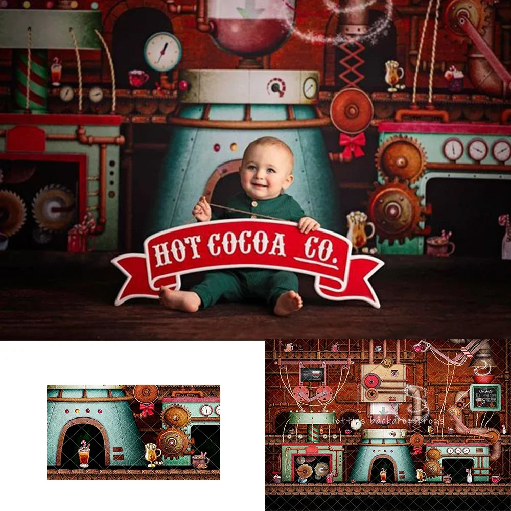 Hot Cocoa Factory Backdrops Kids Baby Birhday Cake Smash Photocall Decors Child Adult Photocall Biscuits Theme Backgrounds