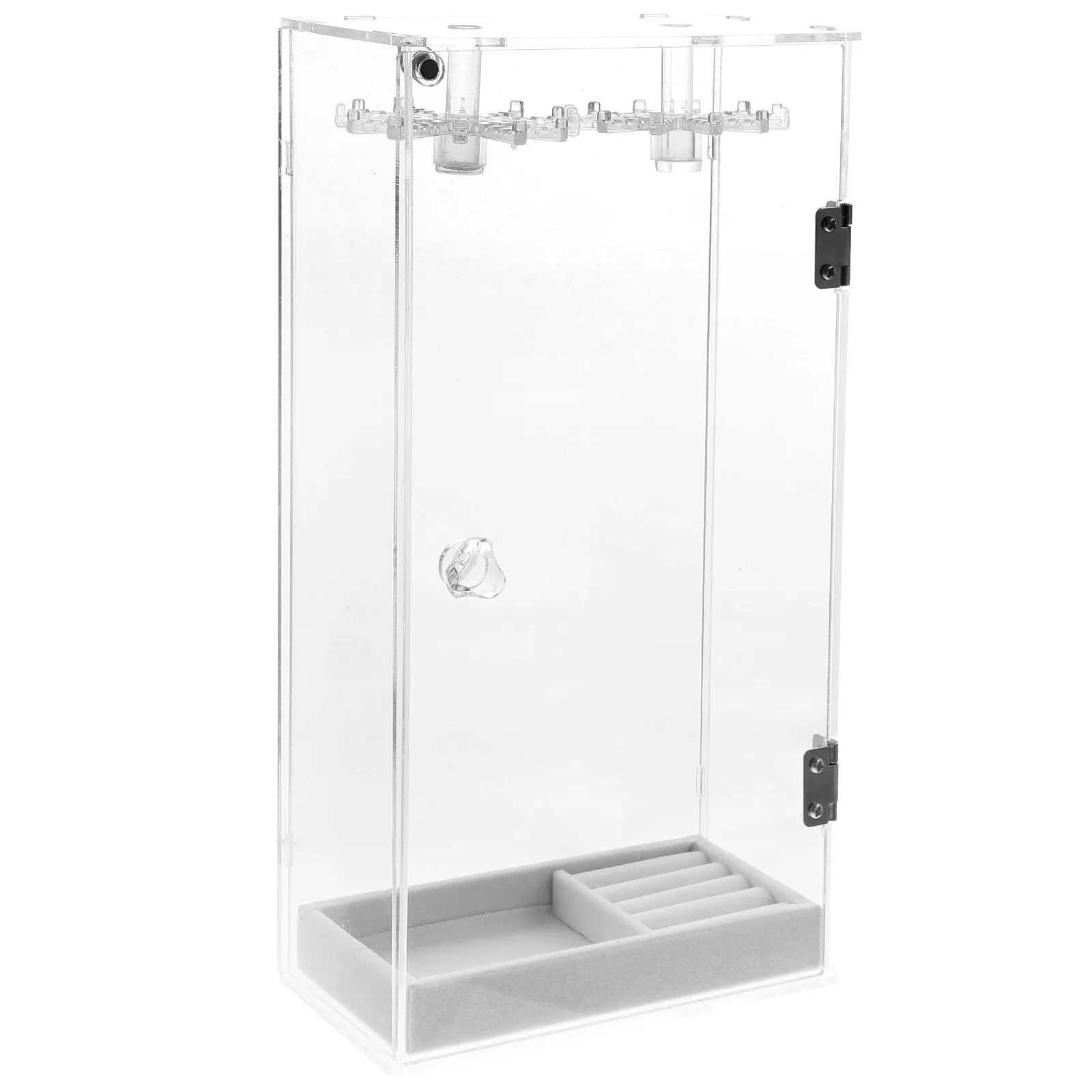 

Acrylic Rotating Necklace Display Stand with 24 Hooks and Bottom Lint Tray for Rings Earrings Jewelry Organizer Transparent Home