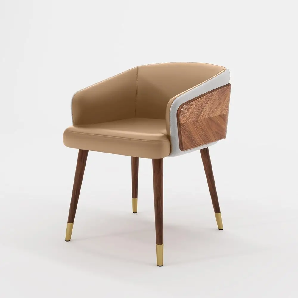 

Leather Dining Chair with Walnut Accents, Suitable for Living Room, Kitchen, and Home Office, Light Coffee Finish