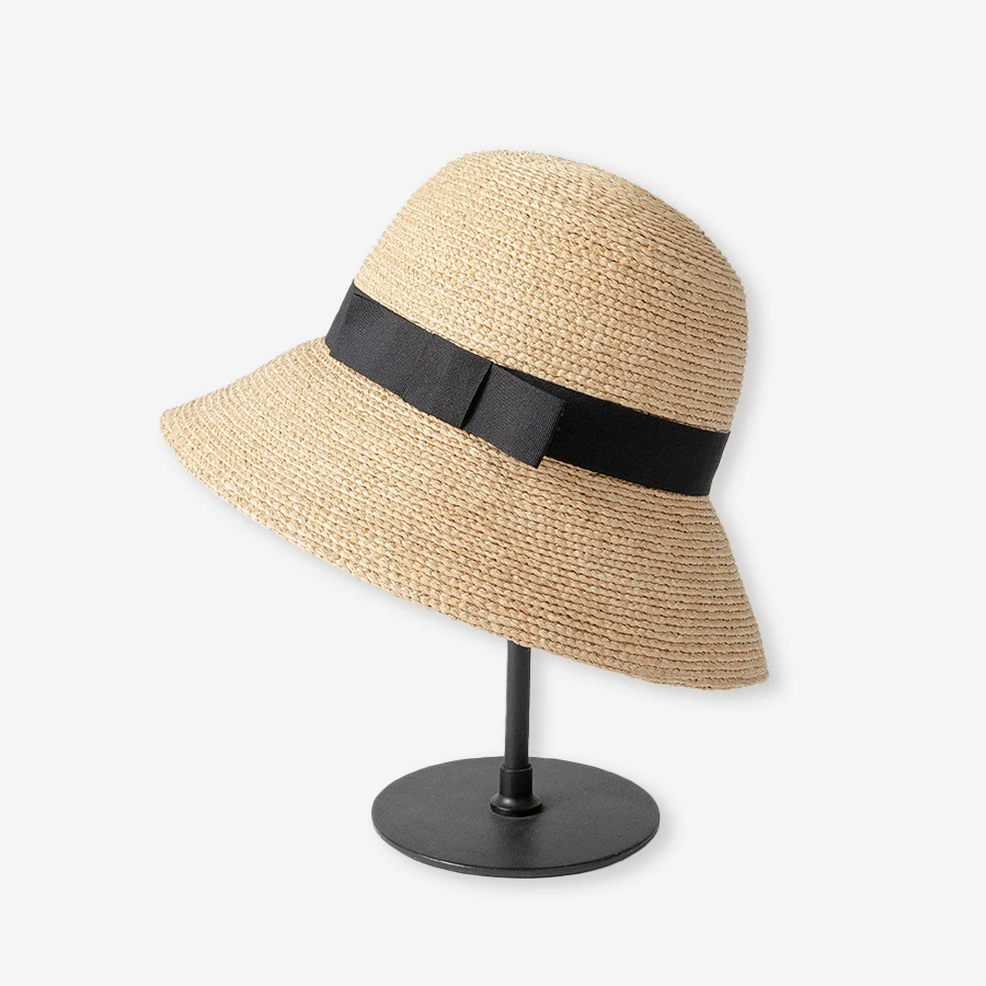 USPOP Women Spring and Summer Bow Raffia Bucket Hat, Foldable Fashionable Hand-woven Straw Hat, Fine Raffia Wide Brim Beach Hat