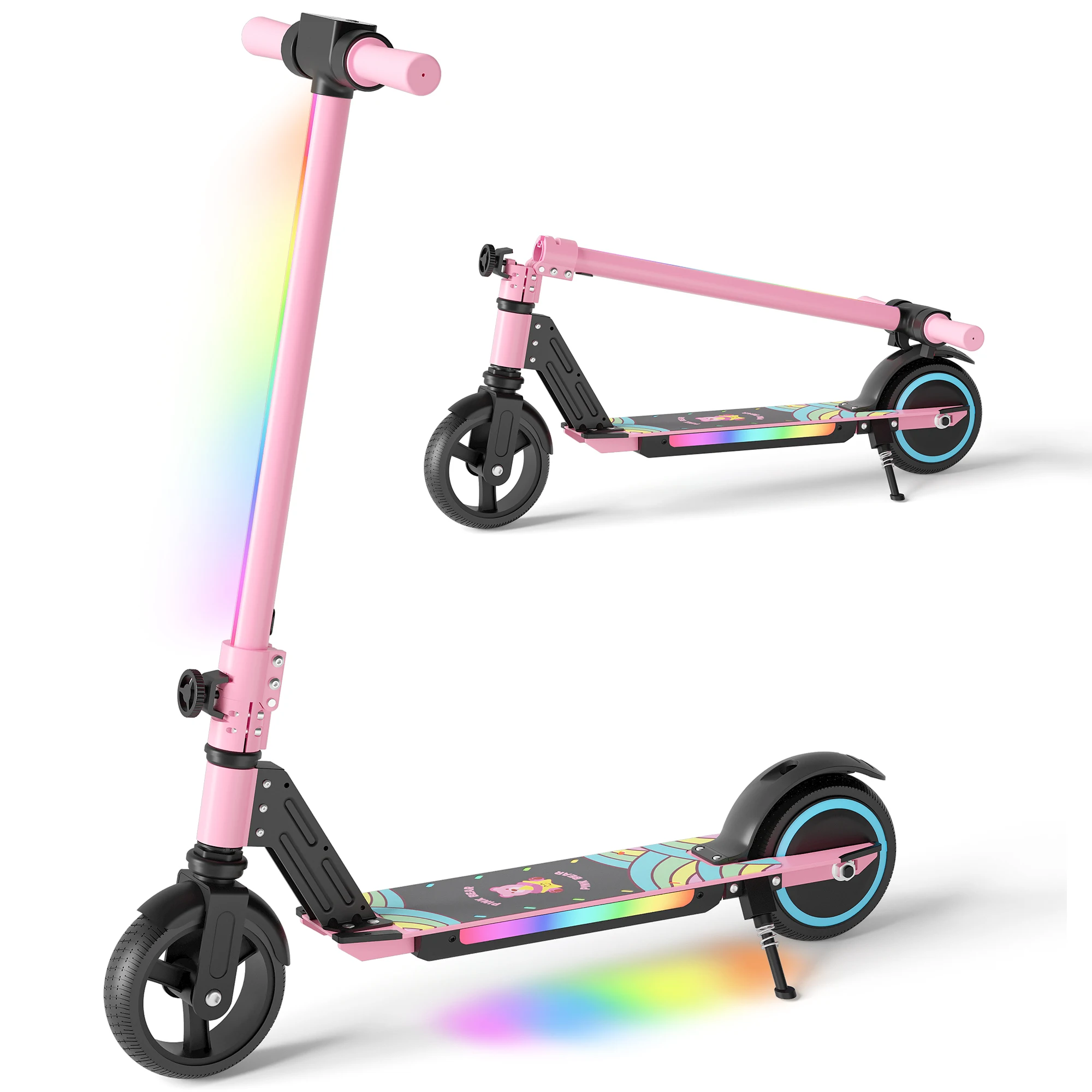 SIMATE Electric Scooter for Kids Ages 6-14, Foldable E Scooter with LED Display, Colorful Lights, Adjustable Height & Dual Brake, Gift for Boys Girls