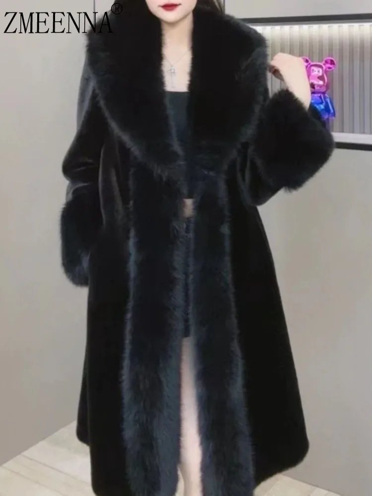 ZMEENNA Womens Long Faux Fur Coat Oversized Collar Trim Cuff Warm Winter Outerwear Elegant Full Sleeve Jacket Black ZM4466