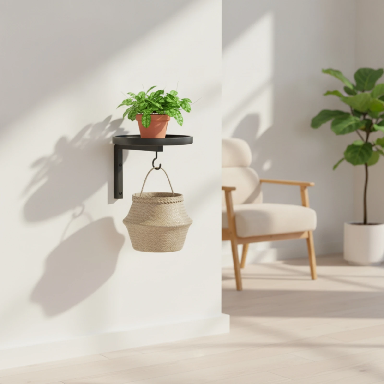 Wall Plant Shelf with Hook Black Metal Plant Bracket with Shelf Hanging Planter Bracket Modern Easy to Install