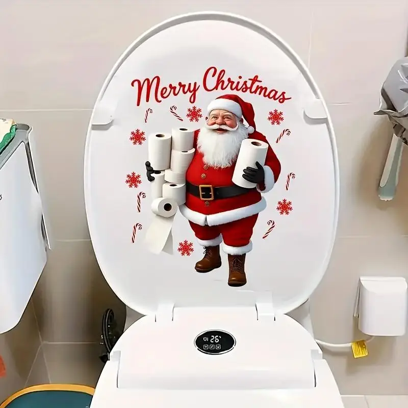 Funny Santa Claus Pattern Christmas: Toilet Lid Sticker Waterproof Self Adhesive Bathroom Decor