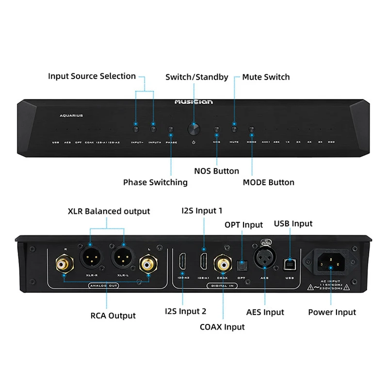 Músico-Aquarius R2R USB DAC Array Ture Balance, Entrada coaxial, Saída RCA XLR, Decodificador R2R, USB, 2 * I2S AES