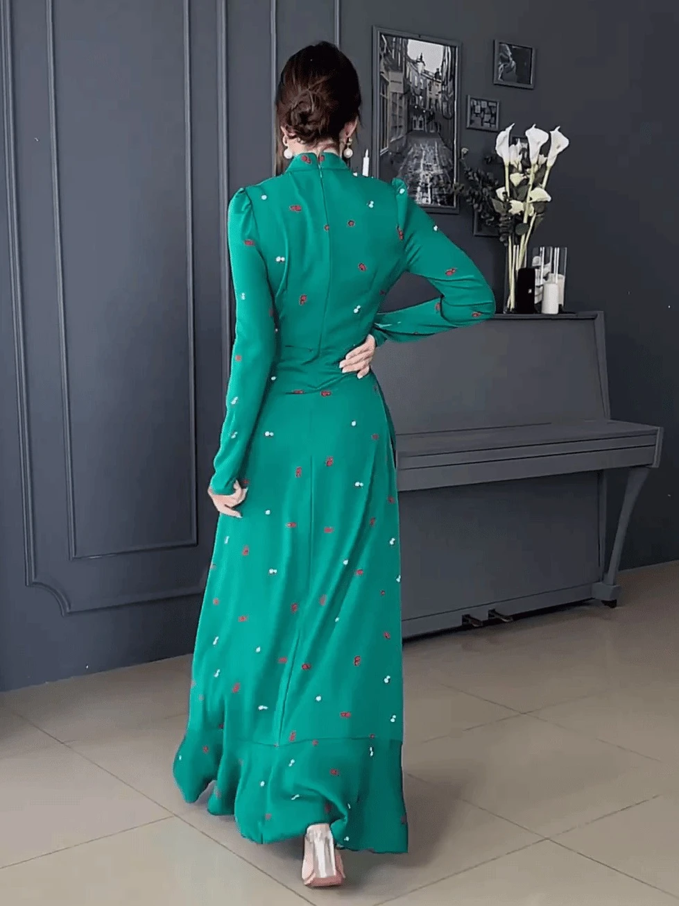 Femmes Eid robes musulmanes Abaya ourlet à volants col roulé imprimé Ramadan marocain magnifique robe de soirée caftan arabe robes coupe ajustée
