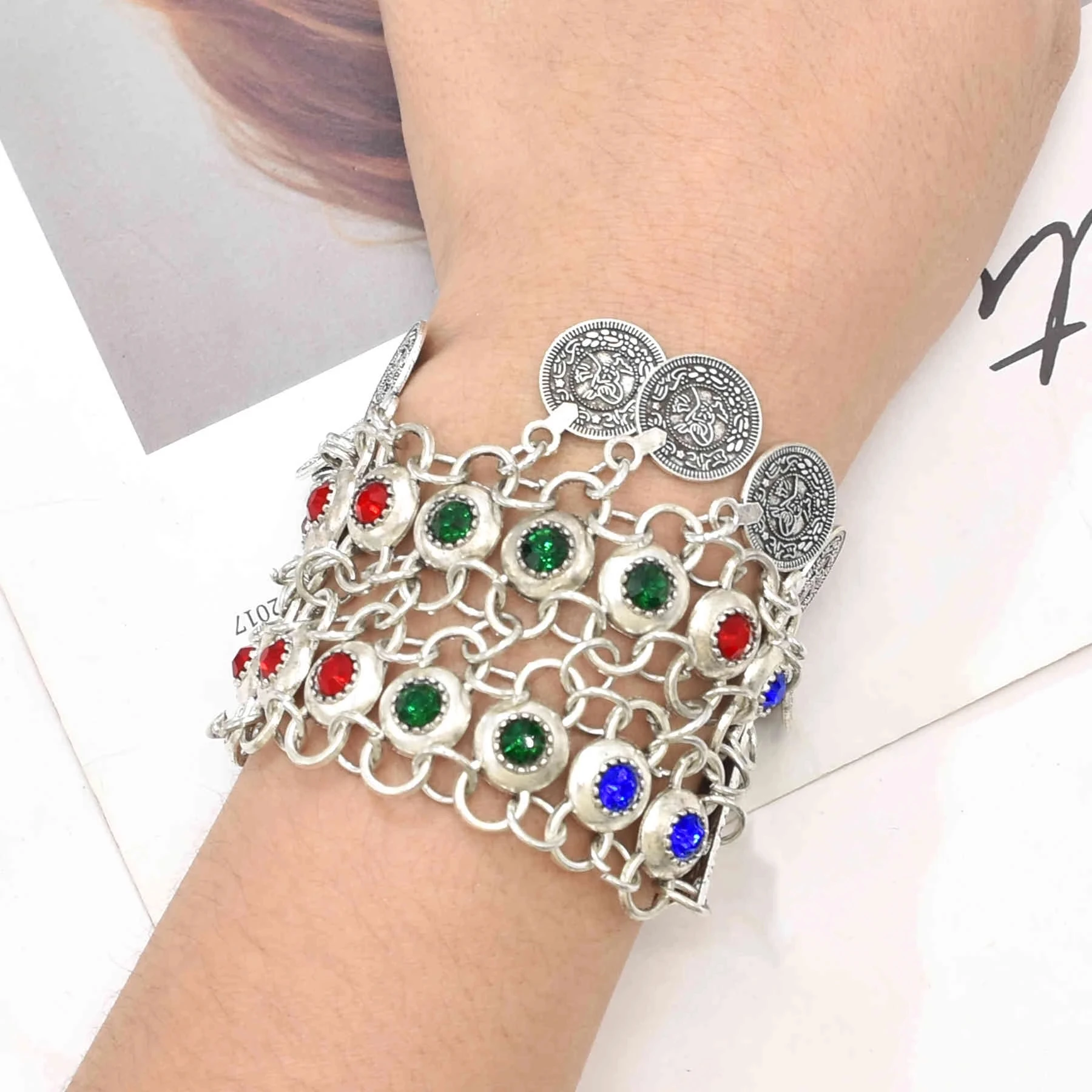 3 Style Colorful Crystal Coin Bracelet for Women Vintage Silvery Metal Craved Gypsy Tribal Ethnic Afghan Pakistan Tibet Jewelry