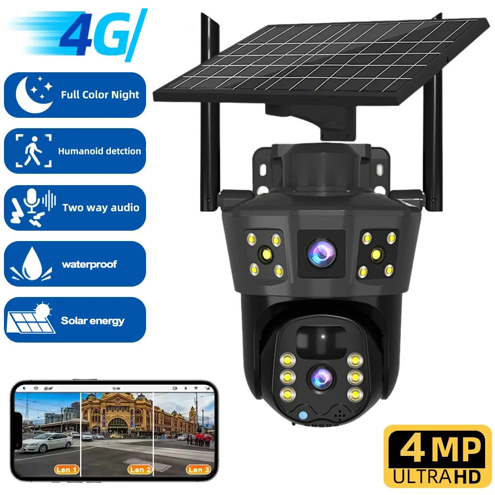 

Солнечная камера 4G, уличная PTZ, 4 МП, IP-камера с низким энергопотреблением и аккумулятором, полноцветное ночное видение, V360Pro, приложение, защита видеонаблюдения