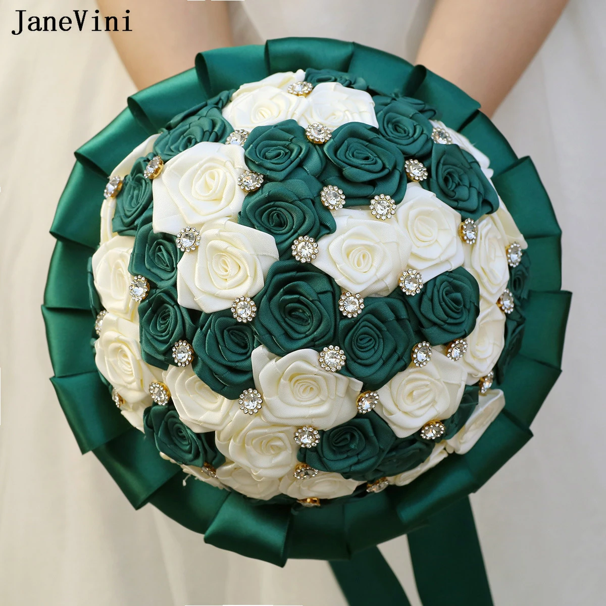 

JaneVini Bling Gold Crystals Wedding Bouquets Artificial Satin Roses Dark Green Ivory Bridal Flowers Bouquet Wedding Accessories