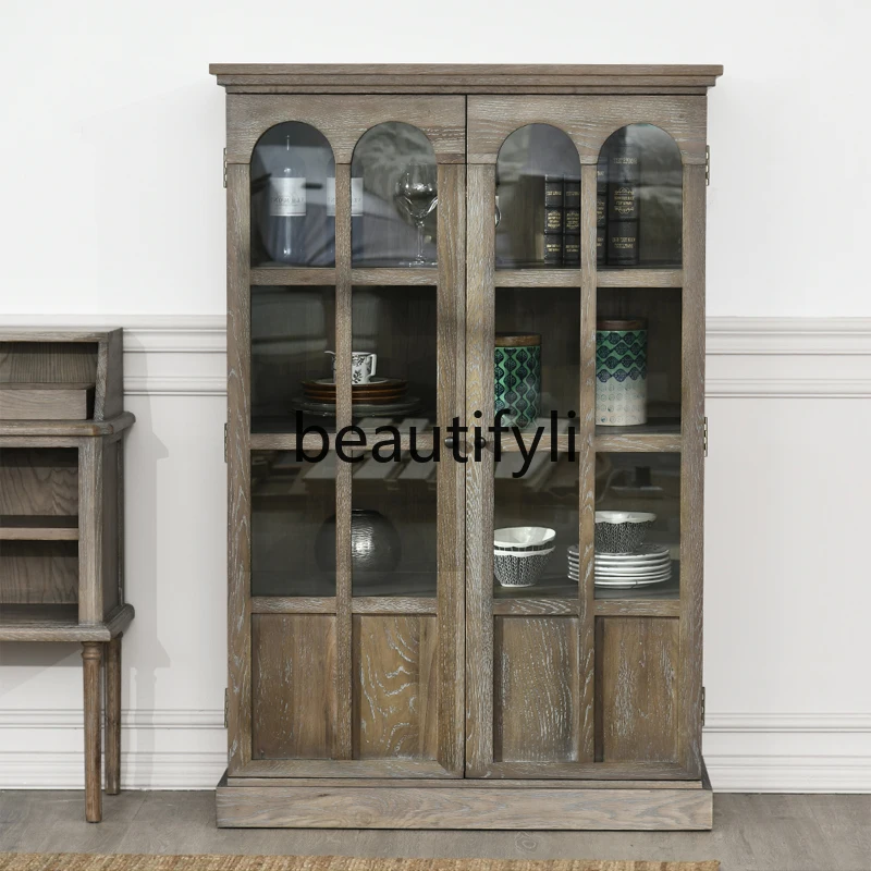 

American Retro Solid Wood Bookcase White Ash Living Room Dining Room Display Cabinet Storage French Vintage Glass Wine Cabinet